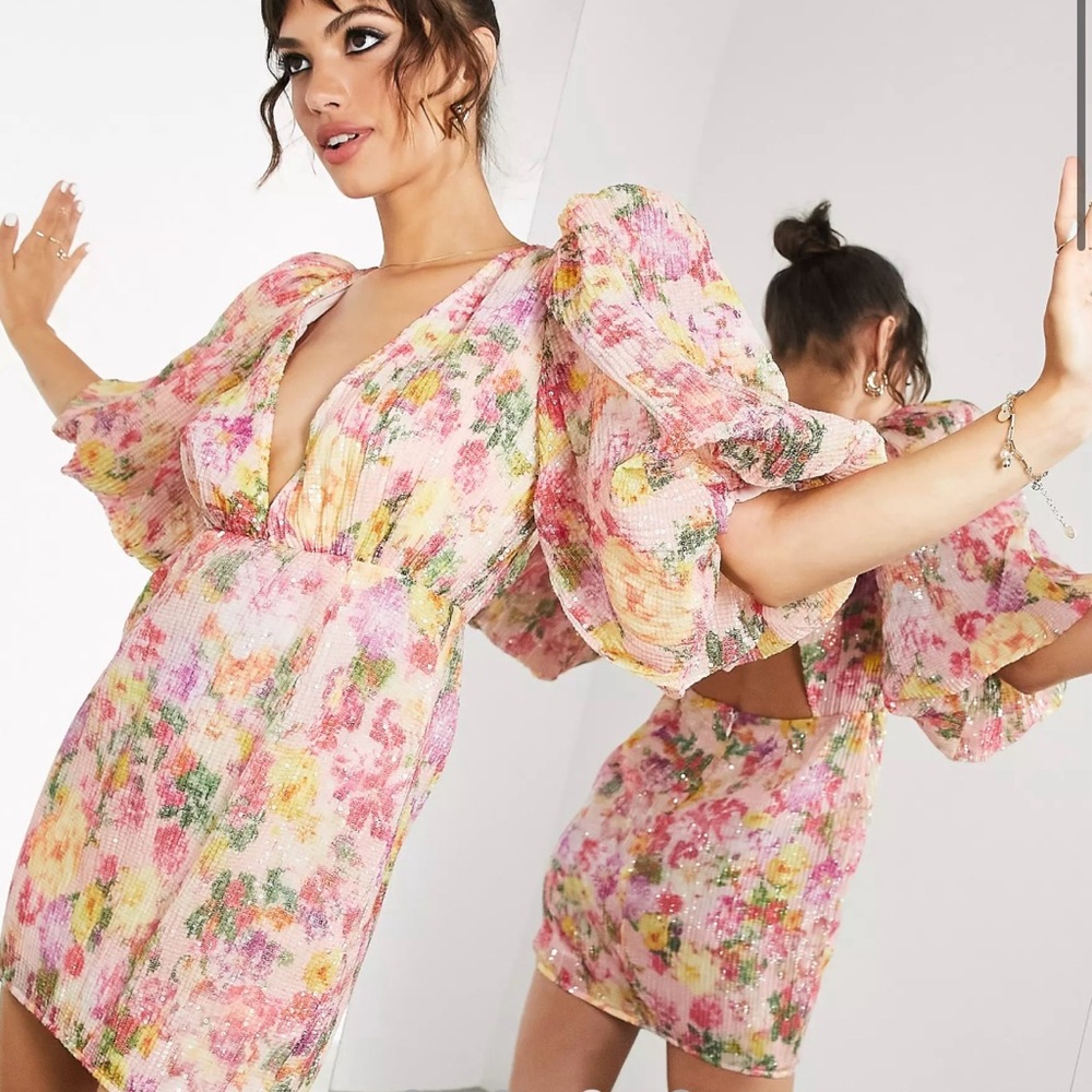 ASOS Vibrant Sequin Floral Mini Dress - Pink and Yellow